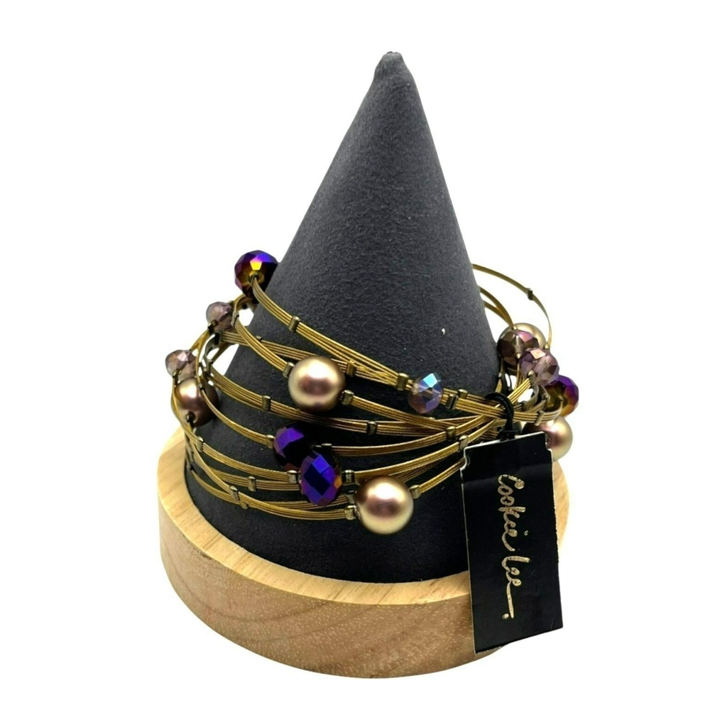 Bangle Bracelet Set Purple Genuine Crystal Mauve Pearl Gold Tone Boho Eclectic